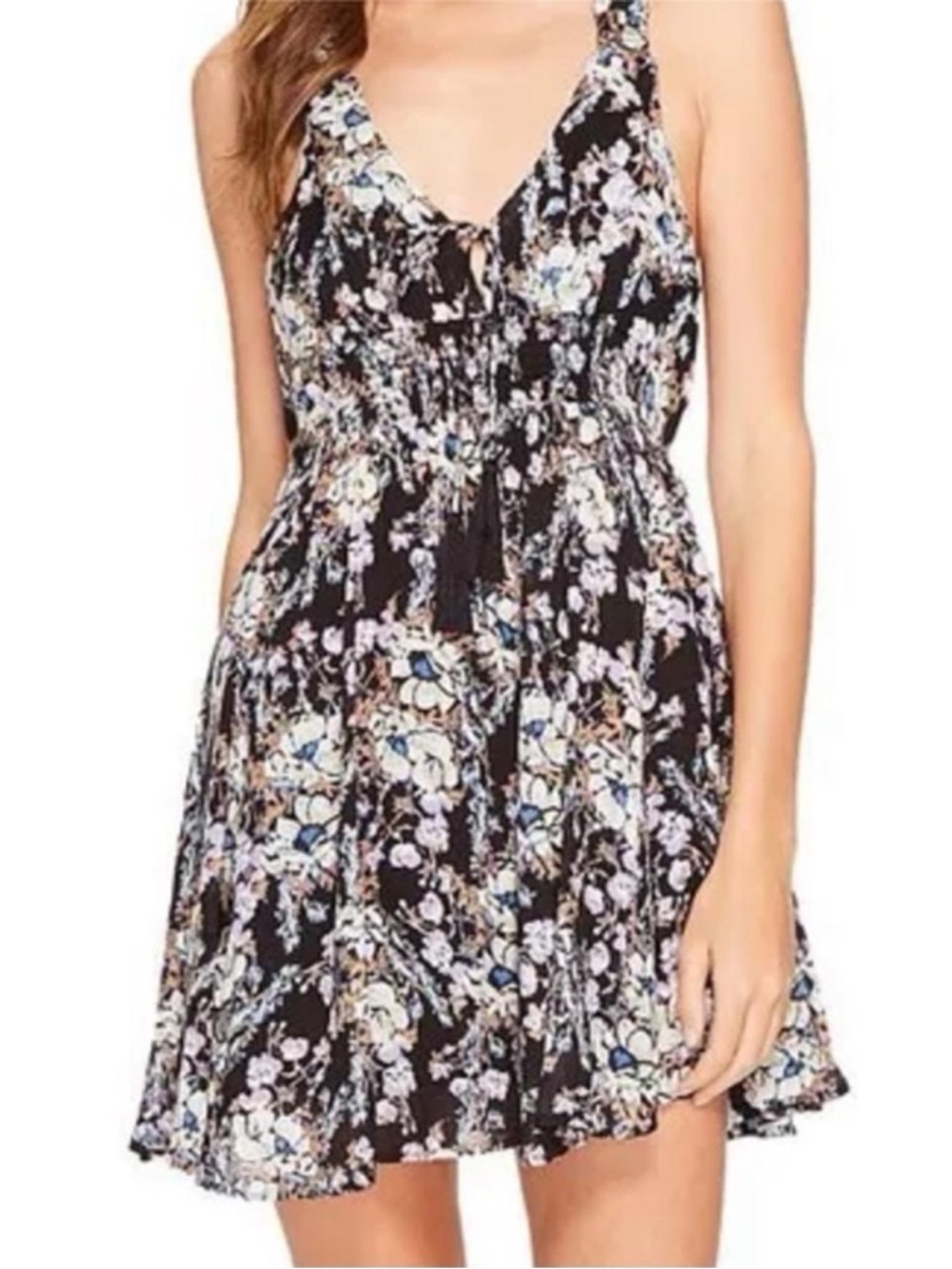 Free People Black Floral V-Neck Mini Dress